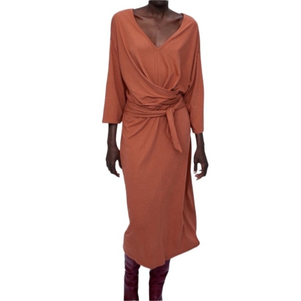Zara Rustic Wrap Burnt Orange Rust Knit Midi Dress - M